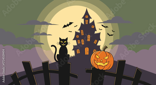 Spooky Halloween night with haunted house, grinning pumpkin, and black cat sitting on fence under full moon is perfect for holiday fun