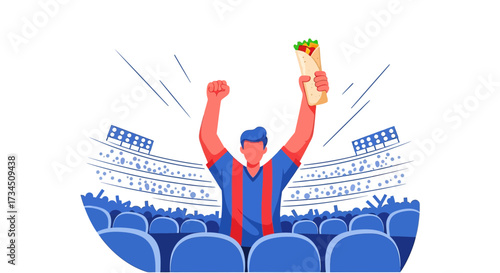 Passionate football fan celebrates victory with a kebab in a lively stadium atmosphere