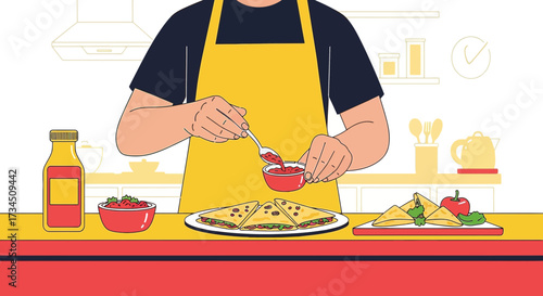 Person preparing quesadillas with sauce in kitchen setting showcasing culinary skills at home