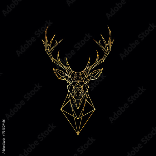 Stylized golden deer head on black. Geometric and minimalist design with antlers