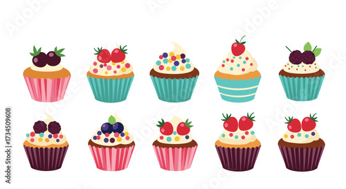 A delightful assortment of small cakes adorned with various colorful toppings and fresh berries perfect for any celebration occasion.