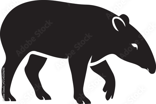 Walking tapir silhouette black and white, Animal wildlife vector illustration