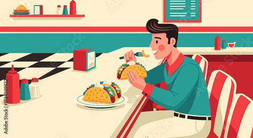 Retro diner delight: Cartoon man enjoying tacos in a vintage restaurant setting