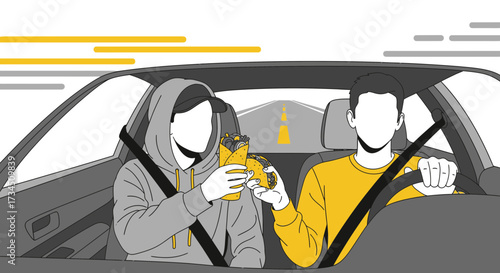 Risky road trip: Two friends eating fast food in a car while traveling on the highway
