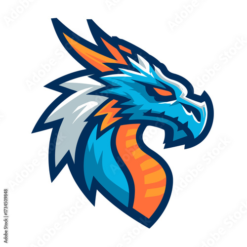Fierce stylized dragon head with blue, orange, and white scales and sharp edges