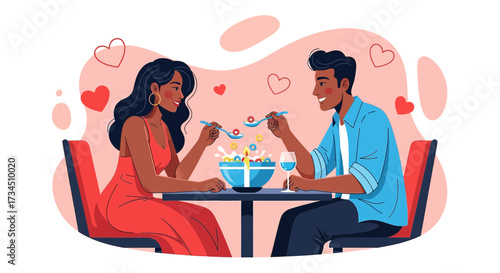 Romantic couple sharing a magical breakfast with cereal on Valentine's Day card design