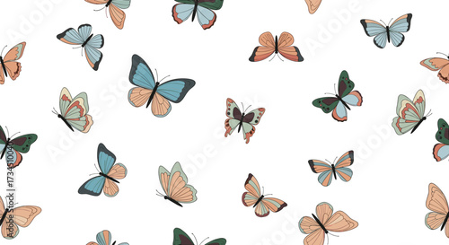A delightful scattering of whimsical butterflies in pastel shades flutters across a clean white background.