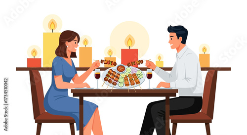Romantic candlelight dinner illustration featuring couple enjoying kebabs and wine celebration of