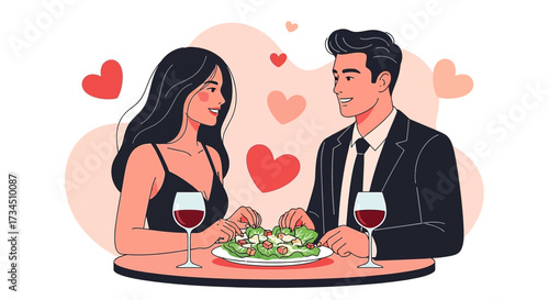 Romantic dinner date illustration of a couple celebrating love with wine and salad at a restaurant