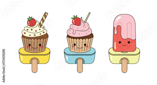 Three adorable kawaii ice cream treats with happy faces on sticks for a sweet summer day.