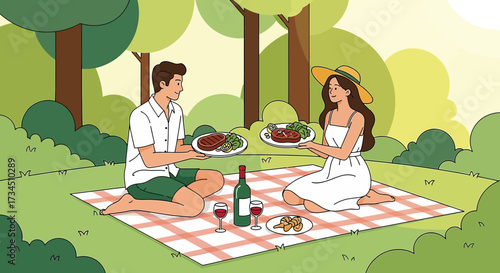 Romantic picnic in the park with a young couple enjoying food and wine in summer day illustration