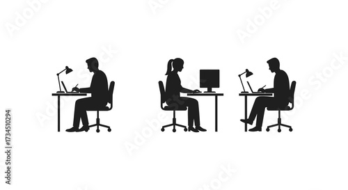 Three people working at desks with laptops a striking silhouette