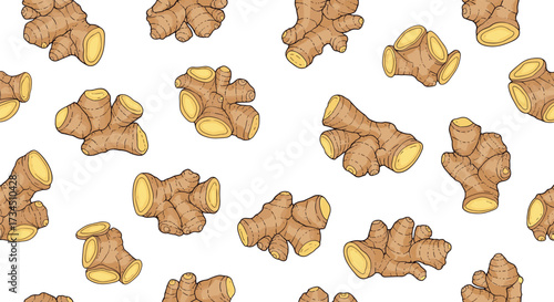 A vibrant and fresh pattern featuring a delightful scattering of ginger root pieces.