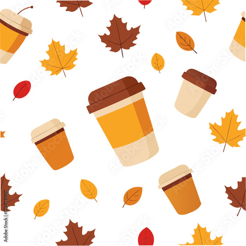 Seamless pattern plastic coffee cups and autumn leaves on a white background for packaging, wallpaper. Vector illustration