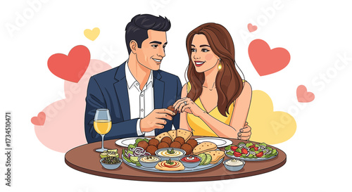 Romantic vector illustration of a couple sharing middle eastern food at a table with heart