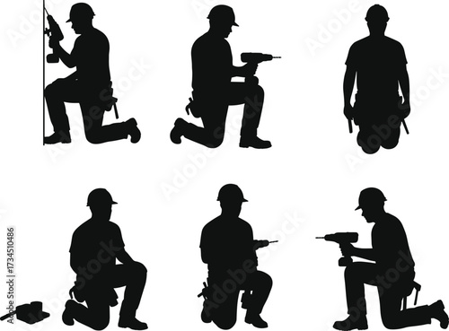Silhouette of construction workers kneeling and drilling with power tools, installation and repair work, construction activity illustration of workers using drills at site