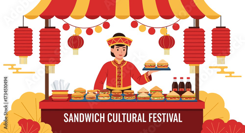 Sandwich Cultural Festival Illustration with Asian-Inspired Elements and Festive Decorations