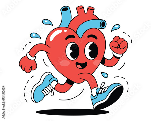 Cartoon heart running isolated on white background