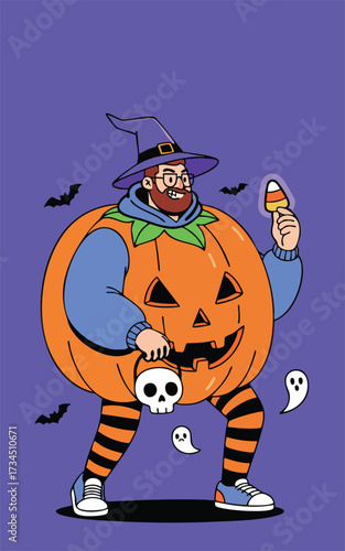Illustrated man dressed as a pumpkin holds a skull bucket  candy corn Bats  ghosts float around