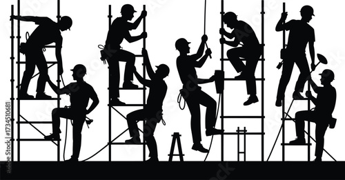 Silhouette of construction workers on scaffolding, climbing and working at height, laborers with tools and safety harnesses, scaffolding construction site illustration