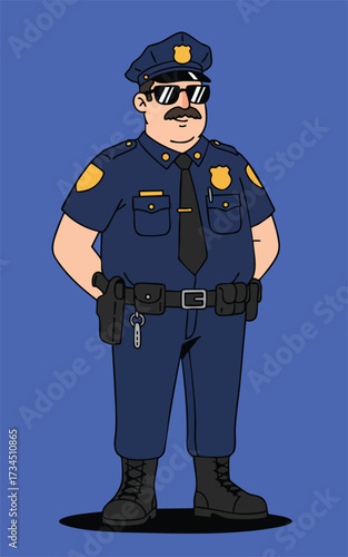 Cartoon police officer with mustache sunglasses uniform standing against a blue background
