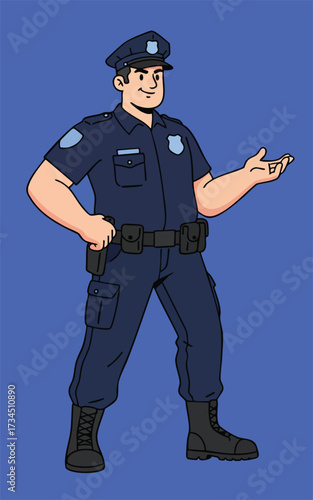 Policeman presents with open hand uniformed equipped illustrated style on plain blue backdrop