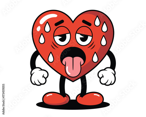 Tired cartoon heart character isolated on white background