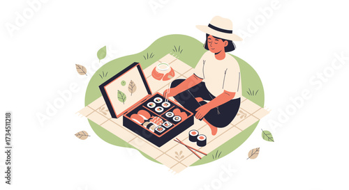 Vector illustration of woman having sushi picnic on a blanket with a lush green background