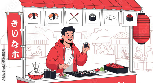 Vibrant cartoon illustration showcasing a bustling Japanese street food vendor specializing in sushi