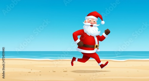 Santa claus running on a beach cartoon illustration with copy space holiday concept