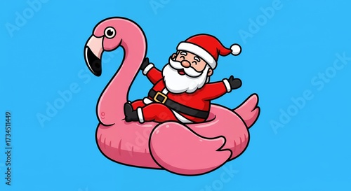 Santa claus riding pink flamingo inflatable on bright blue background cartoon illustration