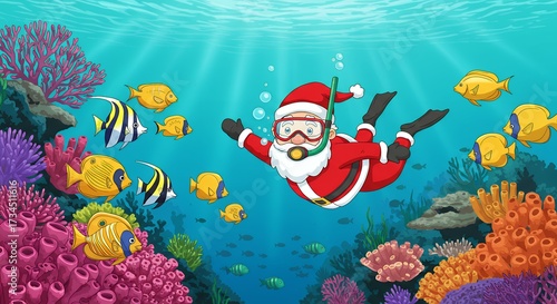 Santa claus snorkeling underwater with colorful fish and coral reefs holiday theme