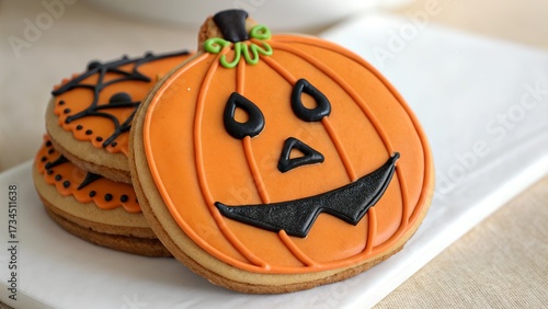  Halloween-themed cookie designed to look like a jack-o'-lantern with black icing for the face and green icing for the stem. The cookie is placed on a Halloween background decoration.