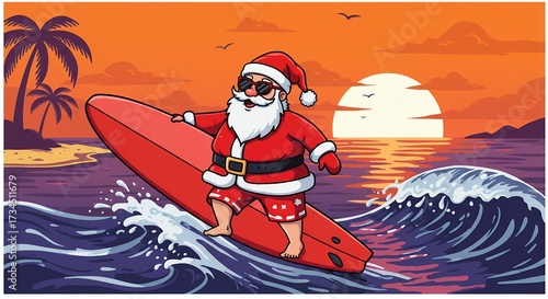 Santa claus surfing on a red surfboard at sunset holiday beach adventure illustration