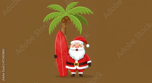 Santa claus with palm tree and surfboard on tropical holiday background