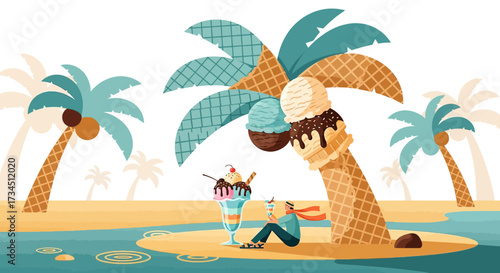 Whimsical Beach Getaway with Ice Cream Palm Trees and Relaxing Figure Under Sweet Shade