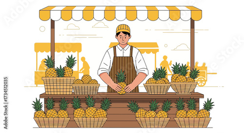 Vibrant Pineapple Vendor Illustration at Bustling Marketplace Depicting Fresh Produce and Commerce