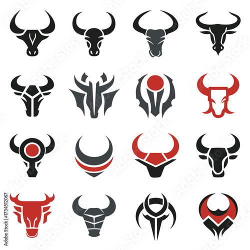 A collection of various bull head designs in different styles, red and black. Each with unique horn shapes, forms and patterns