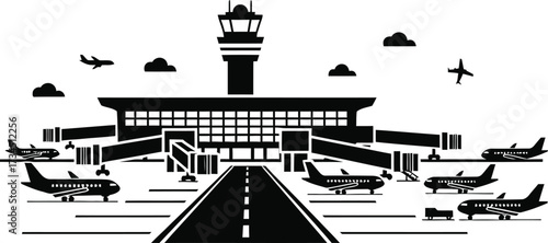 Modern airport terminal with airplanes and control tower silhouette