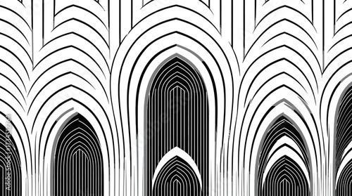 Abstract black and white pattern featuring repeating arched shapes, creating a rhythmic design.
