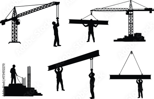 Silhouette of construction cranes lifting steel beams with workers assisting, heavy lifting rigging illustration, building site teamwork and structural construction silhouettes