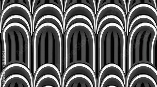Abstract repeating pattern of black and white arches, creating an optical illusion effect.