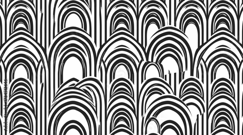 Abstract pattern of arched shapes with black and white stripes, creating a visually dynamic and repetitive composition.