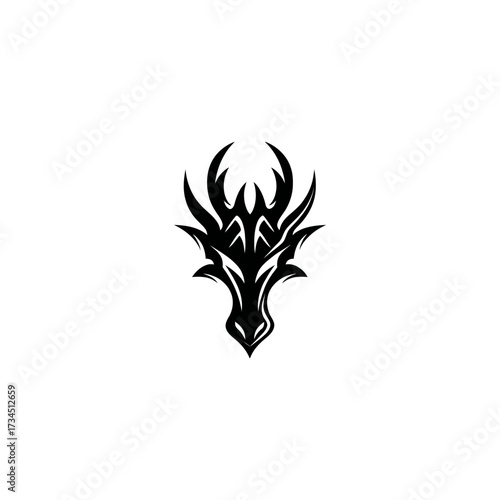 A symmetrical black silhouette of a stylized dragon's head against a white background