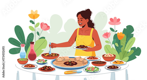 Woman Enjoying a Traditional Ethiopian Feast Surrounded by Decorative Floral Arrangements