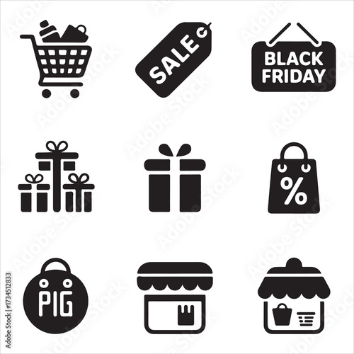 black friday vactor art icon pack icon set bandle banner silhouette black and white backgrount