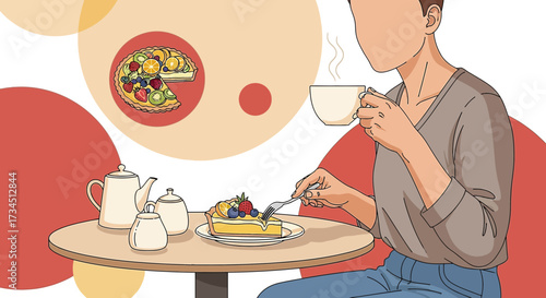 Woman enjoying afternoon tea with fruit tart and a cup of hot beverage illustration