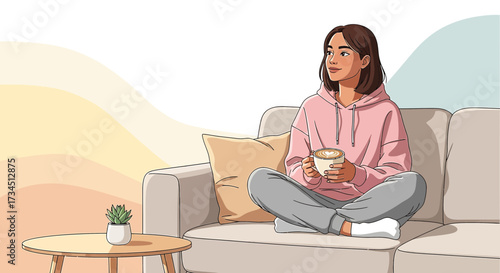 Woman enjoying coffee at home relaxing on a couch in comfortable clothing illustration