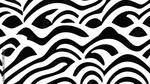 Abstract black and white pattern featuring curved, flowing lines and shapes, creating a visually dynamic design.