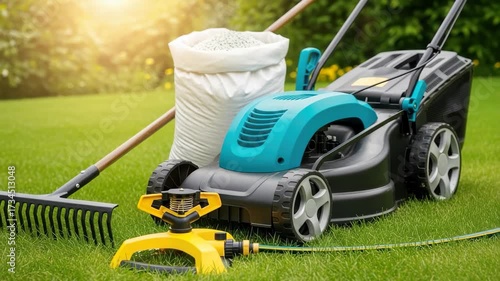 Wallpaper Mural Lawn care equipment on green grass a mower rake fertilizer sprinkler and hose, 4k video footage Torontodigital.ca